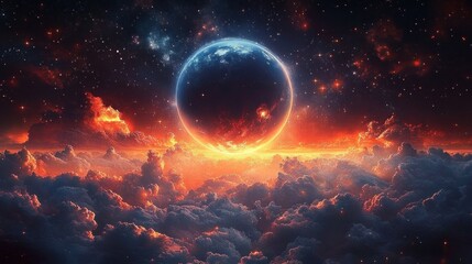 Obraz premium Glowing planet rising above vibrant fiery clouds under a starry expansive cosmic sky emitting ethereal light and cosmic energy
