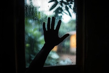silhouette of a hand pressed against a rain-covered window with blurred greenery outside, evoking a sense of longing and isolation