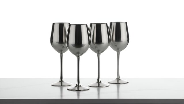 Four stemware glasses with silver metallic finish on a white surface, elegant and modern
