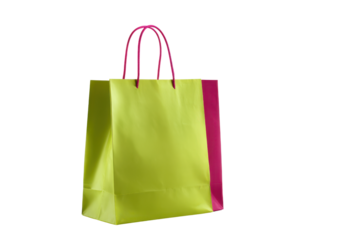 Lime green paper shopping bag with pink trim and handles on black gift present, Png On White Background, Isolated on Transparent Background, Cut Out