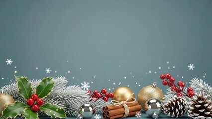 Festive christmas border with pine cones holly berries and cinnamon sticks