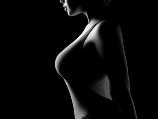 Female silhouette in low key lighting side profile wearing form fitting clothing dramatic shadow artistic sensual mysterious monochrome studio elegance
