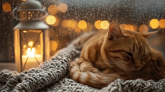 Cozy orange tabby cat napping on a chunky knitted blanket beside a lantern, as rain blurs the window