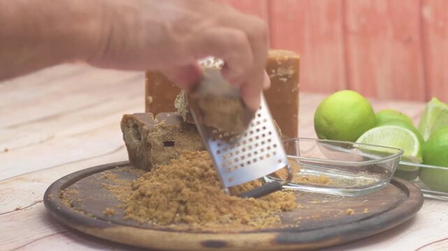 Grating a block of papel&oacute;n on a wooden board with limes in view