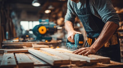Craftsman Working on Handmade Kitchen Furniture in a Carpentry Workshop Using Tools to Create a Wooden Facade