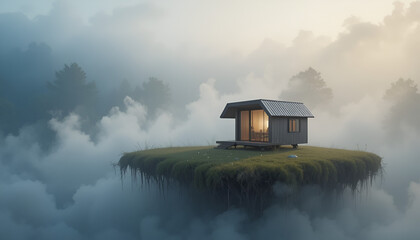 Lonely House on Foggy Hilltop With Soft Morning Mist