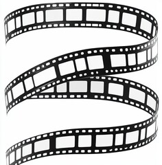 Curved transparent film strip with black borders and empty rectangular frames floating on white background