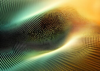 Abstract digital wave pattern with flowing dots in green, yellow, and orange hues creating a dynamic and futuristic energy