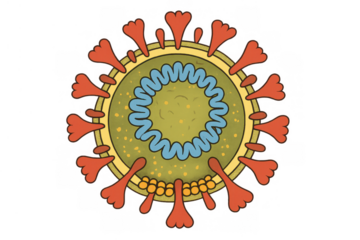 Coronavirus covid virus or germ with spike proteins and rna structure showing global pandemic and microbiology research