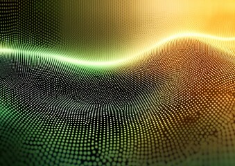 Abstract digital wave pattern with glowing green and orange dots forming a flowing grid over a dark background, representing dynamic movement and futuristic technology