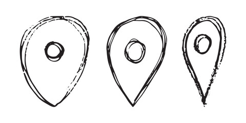 Set of hand drawn map pin Map marker pointer sign GPS and mapping tools Location pin symbol Pinpoint clipart in doodle style Single element for web, design
