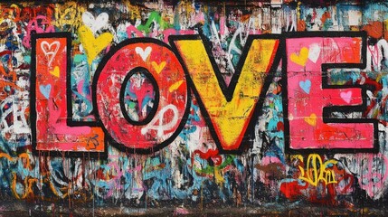 Fototapeta premium Colorful graffiti mural with large block letters spelling LOVE surrounded by multiple heart shapes on a textured urban wall