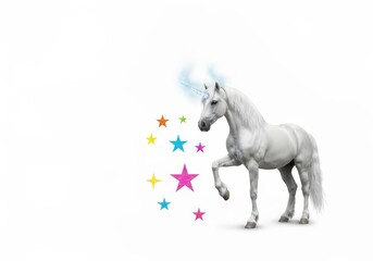 Obraz premium Enchanted Unicorn with Colorful Stars and Sparkles Against a White Background