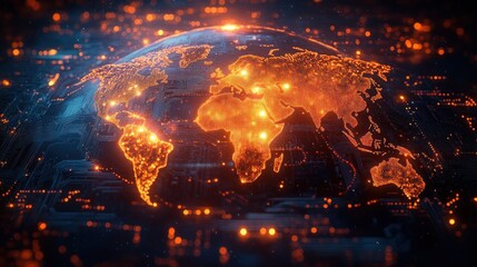 Glowing digital world map showing continents with illuminated connection points on a dark high-tech circuit board background