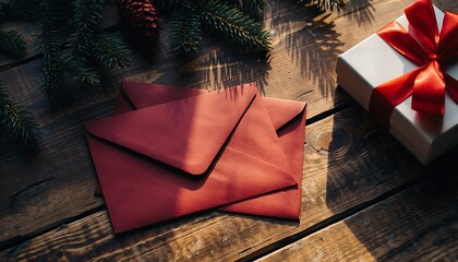 Festive red envelopes and a beautifully wrapped gift box with a red ribbon on a rustic wooden table with evergreen branches overhead