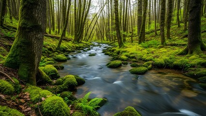 Fototapeta premium Lush forest scene with flowing river, vibrant green moss, and tall trees