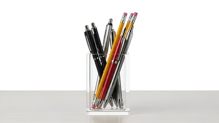 A clear square container on a light surface holding assorted pens and pencils against white