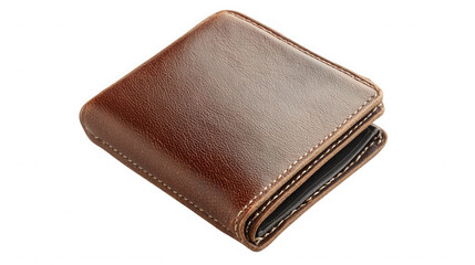 A slightly open brown leather wallet with white stitching on a plain black background in a studio shot on transparent background
