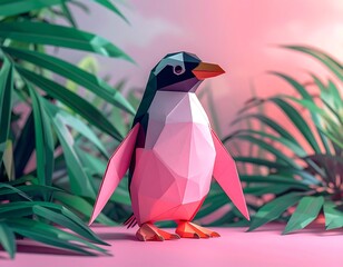 Low Poly Penguin in Tropical Setting - A Colorful Papercraft Creation.