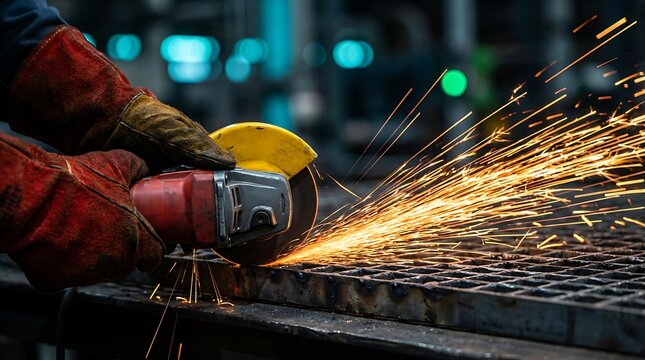 Close up of a worker wearing protective gloves using an angle grinder to cut metal creating a shower of bright orange sparks in a workshop setting - Powered by Adobe