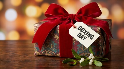 Festive boxing day gift box adorned with a luxurious red velvet ribbon and a mistletoe sprig against a bokeh background