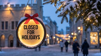 Charming oval sign declares business closed for holidays with festive bow and twinkling lights in snowy european street scene