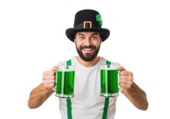Smiling man wearing leprechaun hat and suspenders holding two mugs of green beer isolated on transparent background for st patrick day celebration