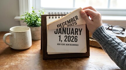 Hand turning page of a desk calendar from december to january 1 2026 marking the start of a new year and future planning