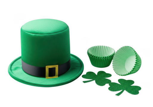 Green leprechaun top hat with black band and gold buckle next to glitter shamrocks and cupcake liners isolated on transparent background - Powered by Adobe
