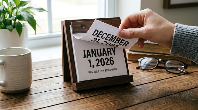 Hand turning a desk calendar page from december 31st to january 1st marking the transition to a new year
