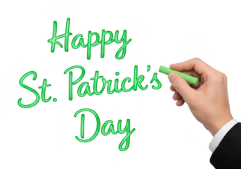 Hand writing happy st patricks day message in green chalk on transparent background isolated on transparent background