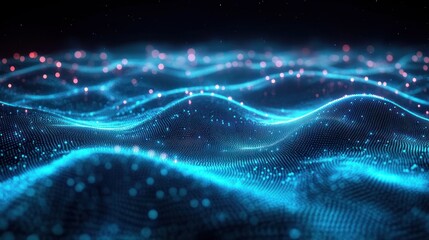 Abstract digital landscape of glowing blue waveforms and particles creating a dynamic, futuristic and flowing atmosphere with small red dots scattered in the background