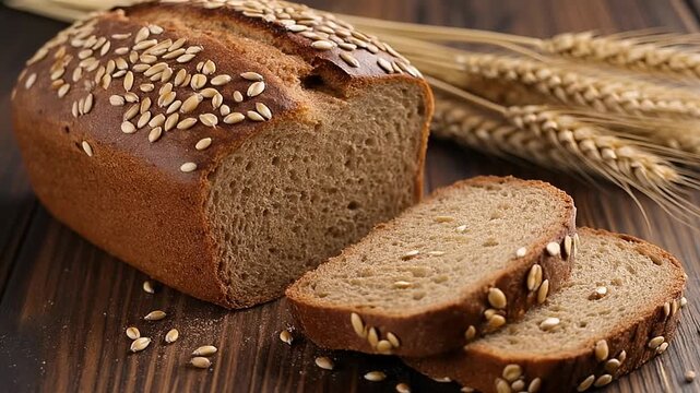 Close-up of sliced loaf with visible grains on top and two slices, plus some wheat stalks