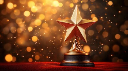 shiny golden star trophy placed on a red textured cloth with a bokeh background and sparkling light effects creating a celebratory atmosphere