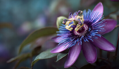 Obraz premium A vibrant purple passion flower with delicate, elongated petals, intricate central corona with blue filaments, and a yellow-green crab spider perched on the flower's stamen