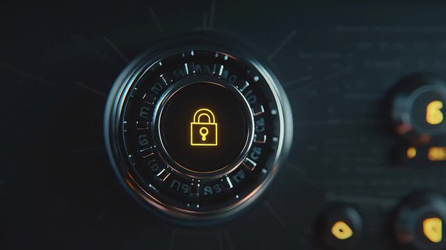 Close-up of a high-tech safe dial with a glowing yellow padlock icon, symbolizing digital security, data protection, and secure access control in a modern technological environment