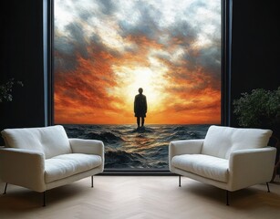 silhouette of a person standing amid rough ocean waves against a dramatic sunset sky seen through a large window in a modern room with two white sofas and plants