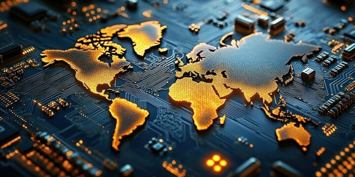 World map glowing in gold on a dark blue circuit board background symbolizing global technology and connectivity - Powered by Adobe