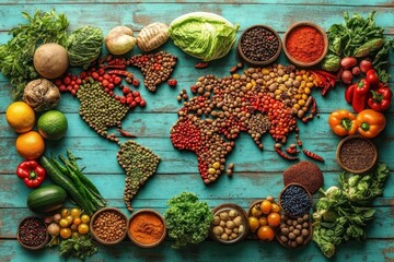 World map created from various colorful spices, seeds, and fresh vegetables arranged on a rustic blue wooden surface representing global culinary diversity and nature's bounty