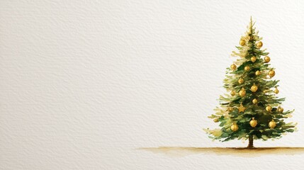 An exclusive holiday sticker or gift tag design: a hyperrealistic watercolor tree with golden ornaments.