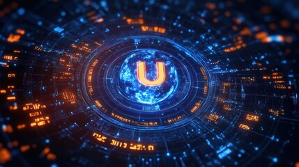 Glowing futuristic digital interface with a central sphere emitting blue and orange light surrounded by concentric rings and data points, evoking advanced technology and innovation