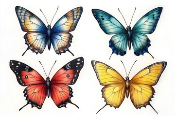 Detailed illustrations of four colorful butterflies with blue, teal, red, and yellow wings symmetrically spread on white background