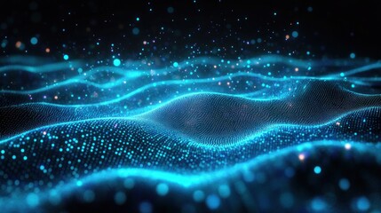 Abstract digital wave formed by glowing blue particles and light dots creating a futuristic data network effect in a dark space