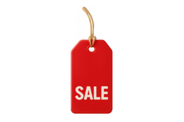Red sale tag with 'sale' text and rope, representing marketing, retail offers, promotions, and price discounts on transparent background