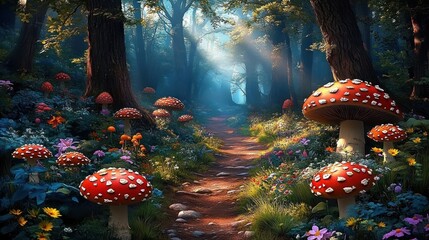 Sunlit forest path surrounded by large red and white mushrooms and colorful wildflowers under tall trees with beams of light filtering through the foliage