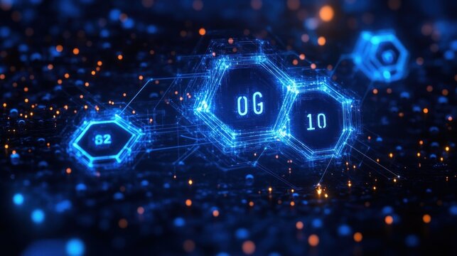 Futuristic glowing hexagonal digital interface in blue with neon network lines and floating numerical data points conveying advanced technology - Powered by Adobe