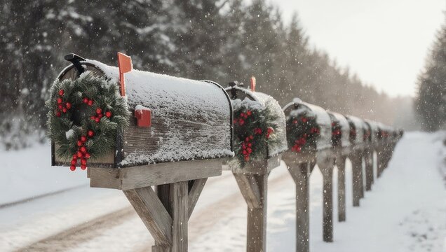 Row of mailboxes decorated with festive wreaths along a snowy rural road in winter.
