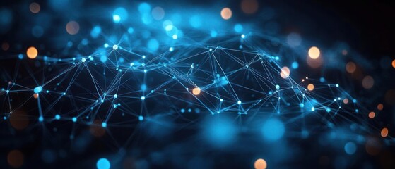 Abstract digital network connections with glowing blue nodes and connecting lines on a dark background, representing data and technology connectivity