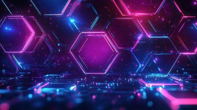 Glowing purple and blue neon hexagonal shapes with a futuristic digital grid background emitting light particles and a vibrant cyber atmosphere - Powered by Adobe