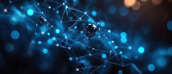 Abstract digital network sphere with interconnected nodes and glowing points in a dark blue and black blurred background conveying futuristic technology and connectivity